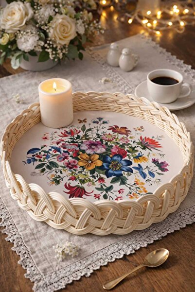 BERKE TUHAFIYE AKSESUAR Rattan Bambu Örgülü Tabanı Çiçek Desenli Tepsi Sepet Dekor Ürünü