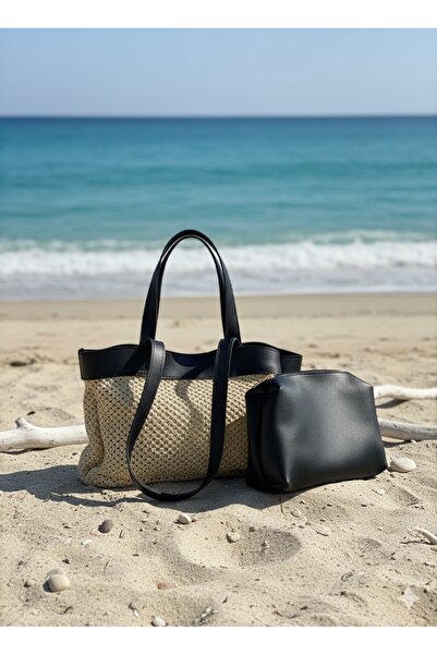 Gebiç Γυναικεία τσάντα χειρός με ψάθινη λεπτομέρεια και εσωτερική τσάντα