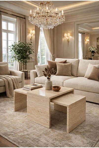 MAHZA GRUP Liora Traverten Orta Sehpa Seti (110x50 - 65x36)