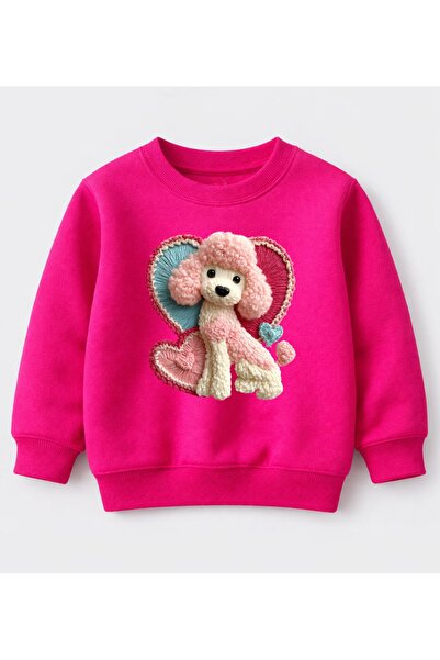 Efendioğlu Design Sweatshirt Pink Poodle Printed 3-Thread Cotton Without Char...