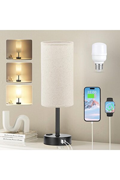 LA' PRECIOUS Fenmzee Beige Touch Table Lamp for Bedroom - 3 Way Dimmable Bedside Lamp USB C Charging Ports and AC