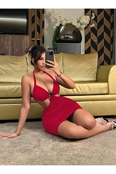 Ruselin Kadın Kırmızı Halka Detaylı Fantezi Gece Elbisesi