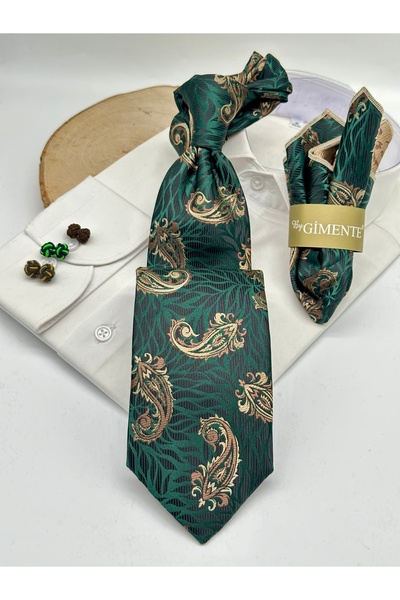 Gutiero Classic Tie with Green Paisley Patterned Handkerchief
