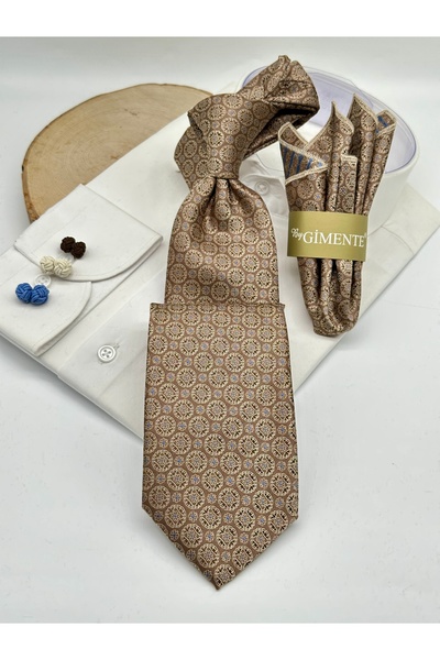 Gutiero Beige Patterned Classic Tie with Handkerchief