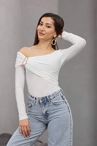 ALLEYTA Women's One Shoulder Open Buckle Long Sleeve Blouse