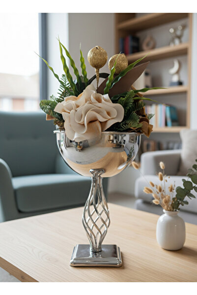 VAZO DEKOR Burgu Ayaklı gümüş renk Metal Kadeh Vazo ve Dekoratif Obje