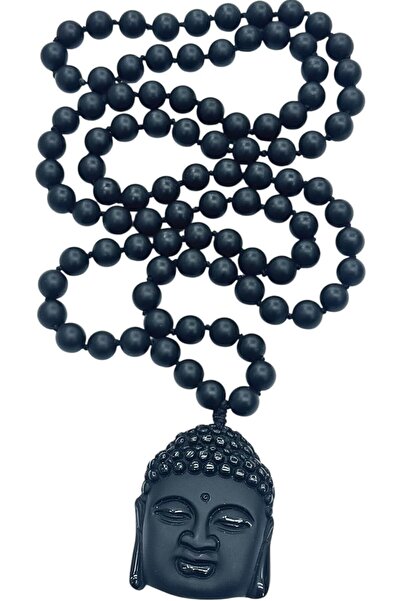 Generic Unisex Black Onyx Beaded Necklace With Obsidian Buddha Pendant