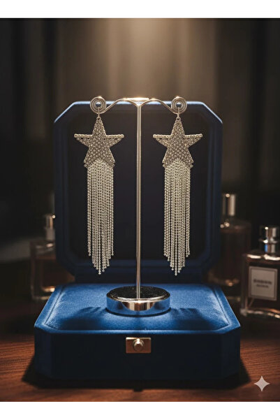 Dorvina Abiye Küpe Zirkon Taşlı Su Yolu Gümüş Silver Renk Sallantılı Püsküllü Yıldız Uzun Kadın Küpe