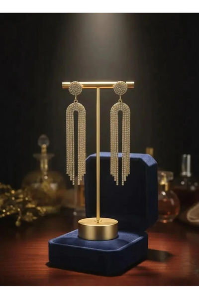 Dorvina Abiye Küpe Zirkon Taşlı Su Yolu Gold Renk Sallantılı Püsküllü Uzun Kadın Küpe