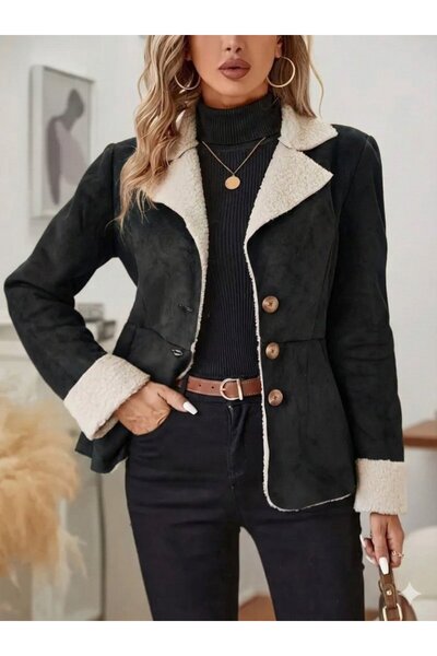 ALPACO Women's Long Sleeve Front Buttoned Pocket Detailed Short Suede Jacket