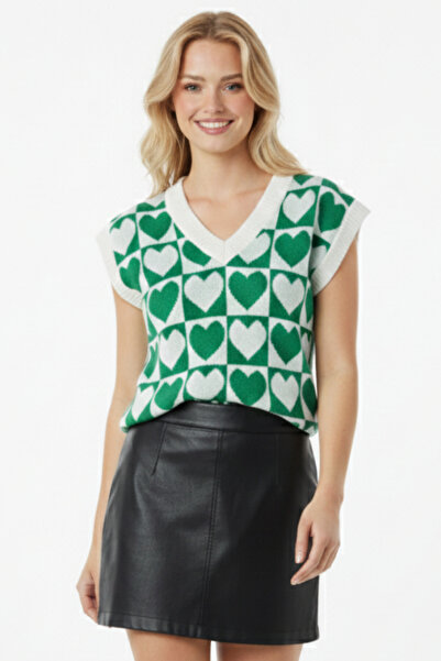 KOZİA OUTDOORS Women's Heart and Checkerboard Patterned Knit Sweater