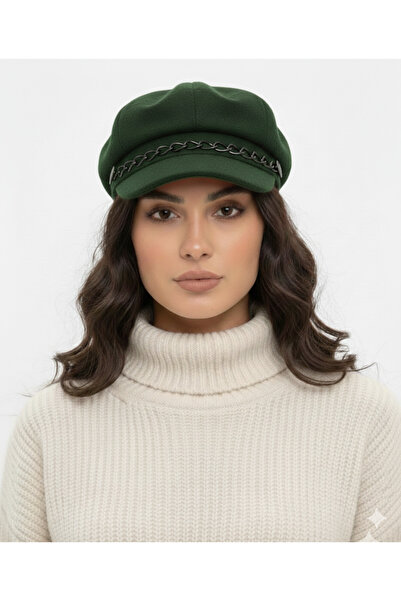 STELLA VESTİNO Kaşe Kadın Kaptan Şapka - Zincir Detaylı Baretta