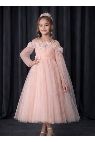 Laurella çiçek işlemeli premium tül kız çocuk abiye/gelinlik