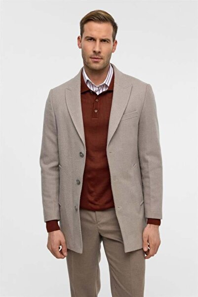 SÜVARİ Bej Slim Desenli Sivri Yaka Kaban