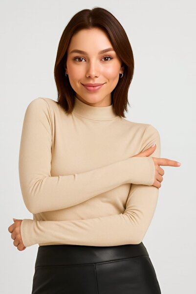 MRT STORE Women's Finger Detailed Half Turtleneck Viscose Bodysuit