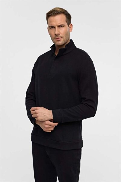 SÜVARİ Siyah Regular Düz Polo Yaka Sweatshirt