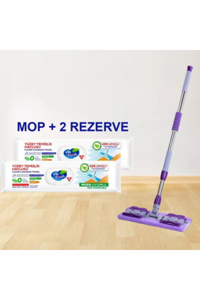AKFRESH Promotional Package Flat Mop with Telescopic Handle + 2 Packs of Wet Floor Wipes White Soap and Baki