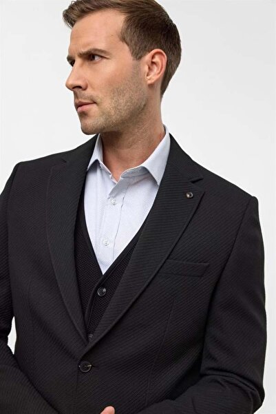 SÜVARİ Siyah Regular Desenli Mono Yaka 6 Drop Ceket