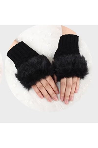 Generic قفازات شتوية بدون أصابع قصيرة قفازات دافئة محبوكة بفتحة الإبهام مع الفرو للنساء