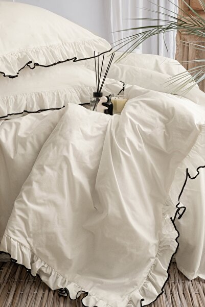 BESTİNA GOLD Tek Single Duvet Cover Set 100% Cotton Ornamental Overlock Ruffled