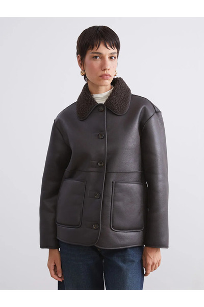 LC Waikiki Plush Shirt Collar Women's Leather-Look Coat