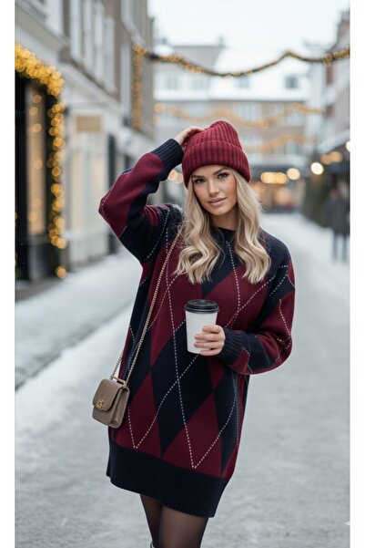 SAYZEN Women's Baklava Argyle Patterned Sweater-Dress