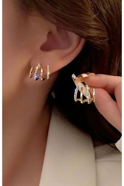 Zümrüt Gold Women's Zircon Stone Multiple Vip Earrings