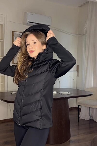 BELİZMOD Palton negru cu glugă pentru femei, iarnă slim fit rezistent la vânt...