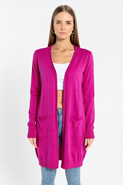 Miss Poem Fuchsia Pocketed Women's Basic Long Knit Cardigan