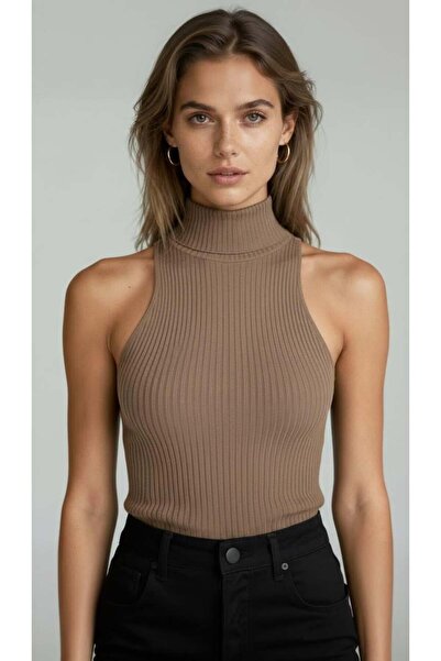 Miss Poem Γυναικείο αμάνικο εφαρμοστό ψηλόμεσο κοτλέ κοντό καφέ πλεκτό κορδόνι