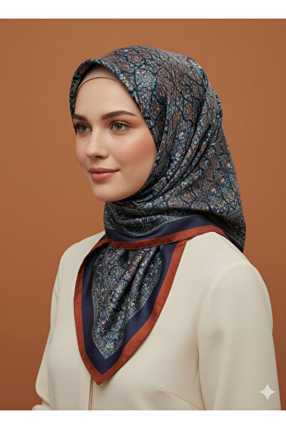 Picasso وشاح كريستالي بنمط عرقي بلون أزرق داكن - بني بمظهر حريري - تصميم أنيق...