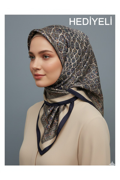 Picasso İpek Görünümlü Lacivert Etnik Desenli Kristal Eşarp – Twill Şık Tasar...