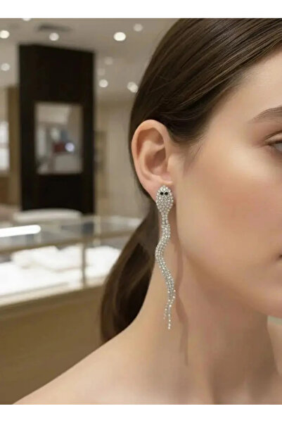 Dorvina Abiye Küpe Zirkon Taşlı Su Yolu Gümüş Silver Renk Sallantılı Yılan Figürlü Uzun Kadın Küpe