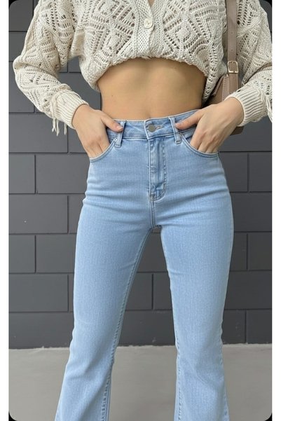 Trn JNS Daria Likralı Kadın Açık Mavi Süper Yüksek Bel İspanyol Paça Denim Kot Pantolon