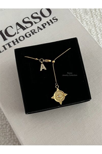 RAREE Göz sembollü plaka ve zirkon harfli çelik asansörlü y kolye hediyelik