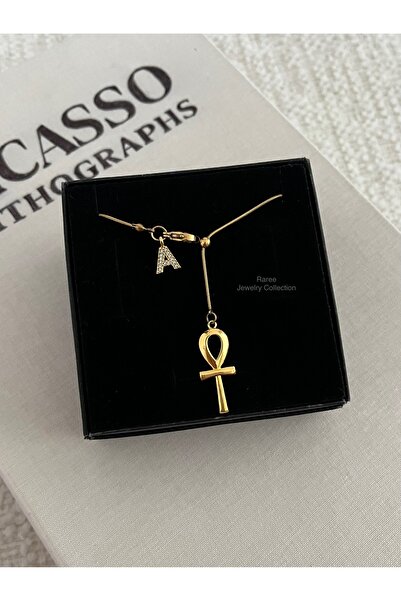 RAREE Ankh ve zirkon harfli çelik asansörlü y kolye hediyelik