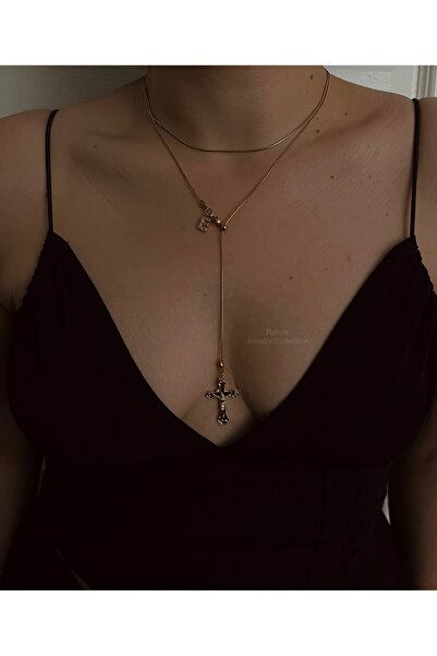 RAREE Haç ve zirkon harfli dolamalı çelik asansörlü y kolye hediyelik