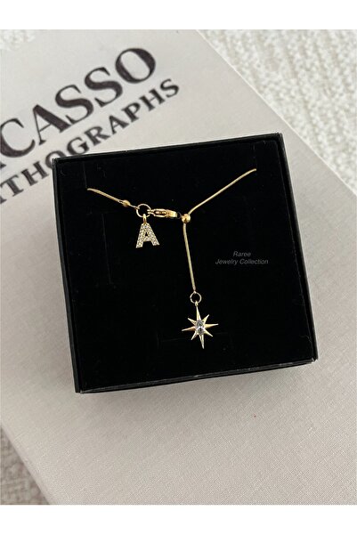 RAREE Kuzey yıldızı ve zirkon harfli çelik asansörlü y kolye hediyelik