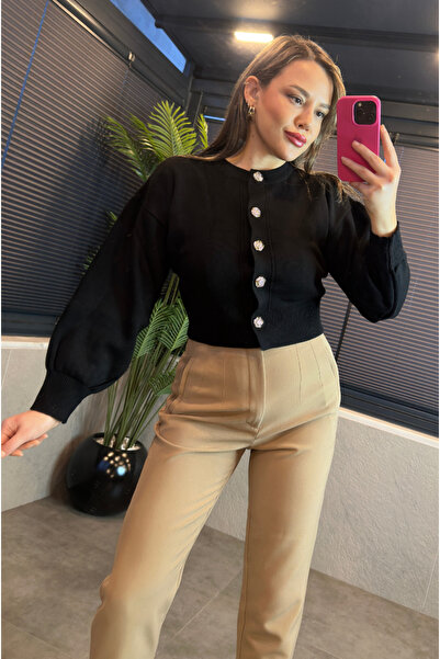 MİR STORE Black Balloon Sleeve Short Cardigan with Floral Button Detail