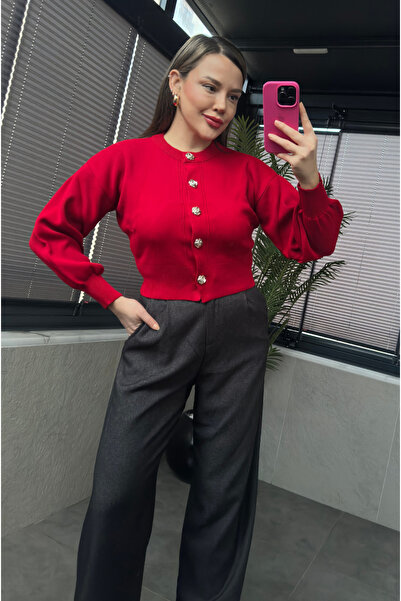 MİR STORE كارديجان قصير بأكمام بالون حمراء مع تفاصيل زهور وأزرار