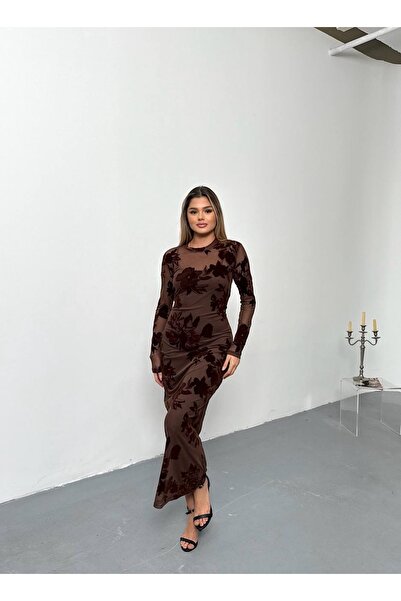 timagna Kadın Kahverengi Desenli Kadife Nakışlı Tül Detaylı Uzun Kollu Maxi B...