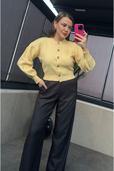 MİR STORE Yellow Balloon Sleeve Floral Button Detailed Short Cardigan