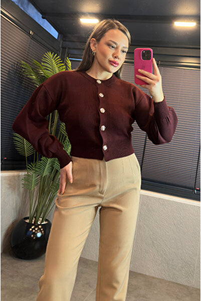 MİR STORE Burgundy Balloon Sleeve Floral Button Detailed Short Cardigan