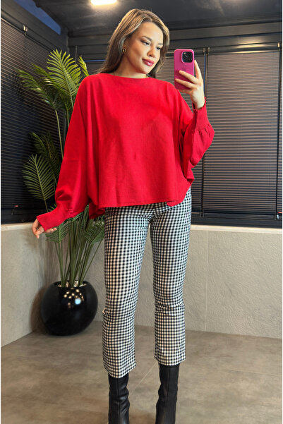 MİR STORE Red Mercerized Sweater with Batwing Sleeve Detail