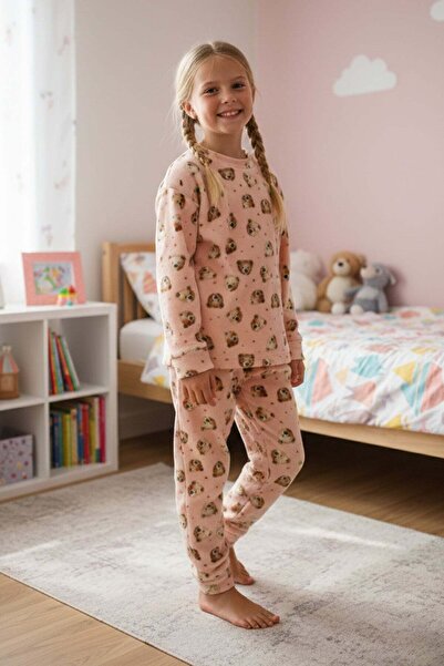 Fulla Moda Ayıcık Desenli Polar Unisex Çocuk Pijama Takımı
