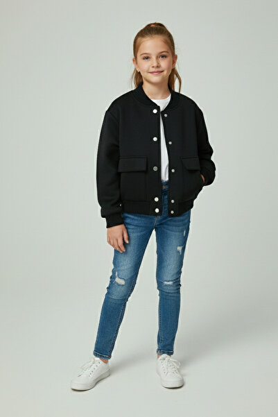 Fulla Moda Çift Cepli Çıtçıtlı Dik Yaka Kız Çocuk Ceket