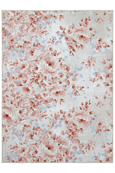 Cool Halı Florence Krem Pembe Çiçekli Dekoratif Bohem Makinede Yıkanabilir Do...