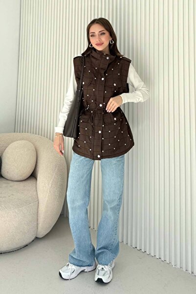 gülem giyim Taşlı Kapitone Yelek Kahverengi