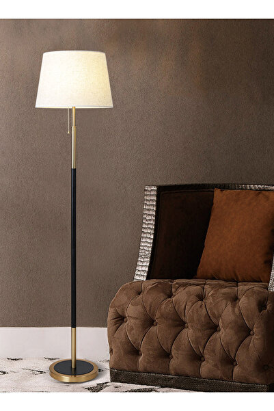 Generic مصباح أرضي عصري باللونين الأسود والذهبي، قائم بذاته، بغطاء قماشي أبيض، مناسب لغرفة المعيشة وغرفة النوم