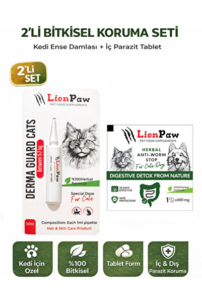 LİON PAW 2'li Set Kedi İç Dış Anti Parazit Bitkisel 1 Ense Damla Ve 1 Tablet ...